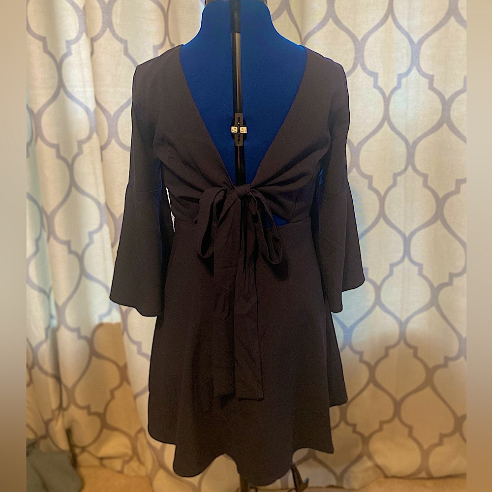 Tie back, navy blue, bell sleeve dress